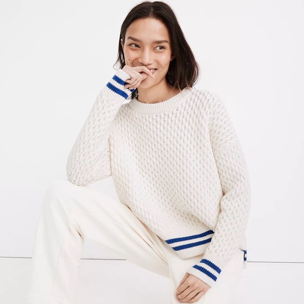 NWT Madewell Stripe-Trim Honeycomb Pullover Sweater in Cotton Merino Yarn